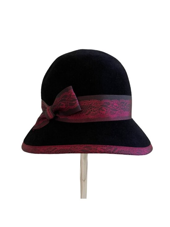 Louise Green Black Burgundy Lace Ribbon Bow Hat Cloche Style 100% Wool USA main image 12